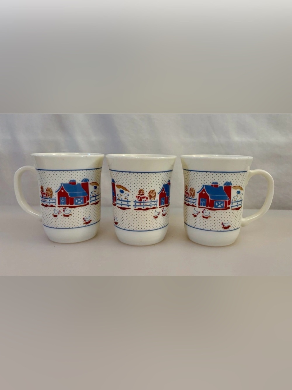 Arcopal France Milk Glass Mug Country Farm Scene Set of 3 Vintage Cottage Core
